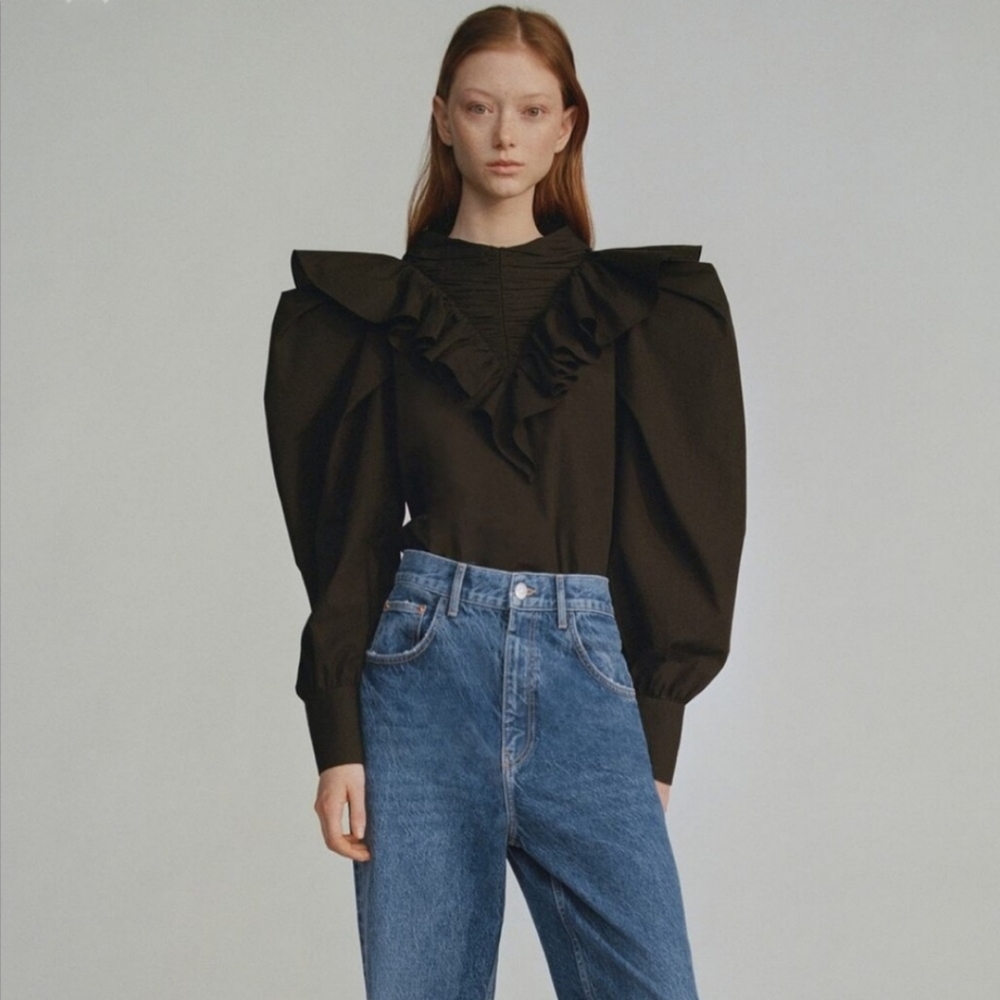 Zara Ruffle Poplin Ballon Sleeve Black Shirt